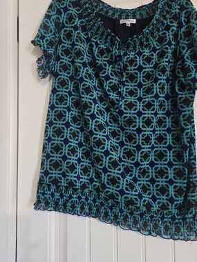 Croft & Barrow Blue Green Geometric Flutter Sleeve Blouse